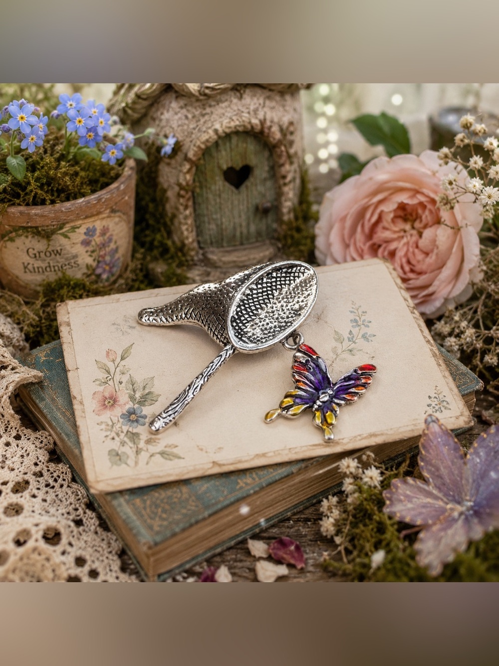 Whimsical Butterfly Net Brooch Pin Enamel Butterfly Dangling Charm Silver Tone